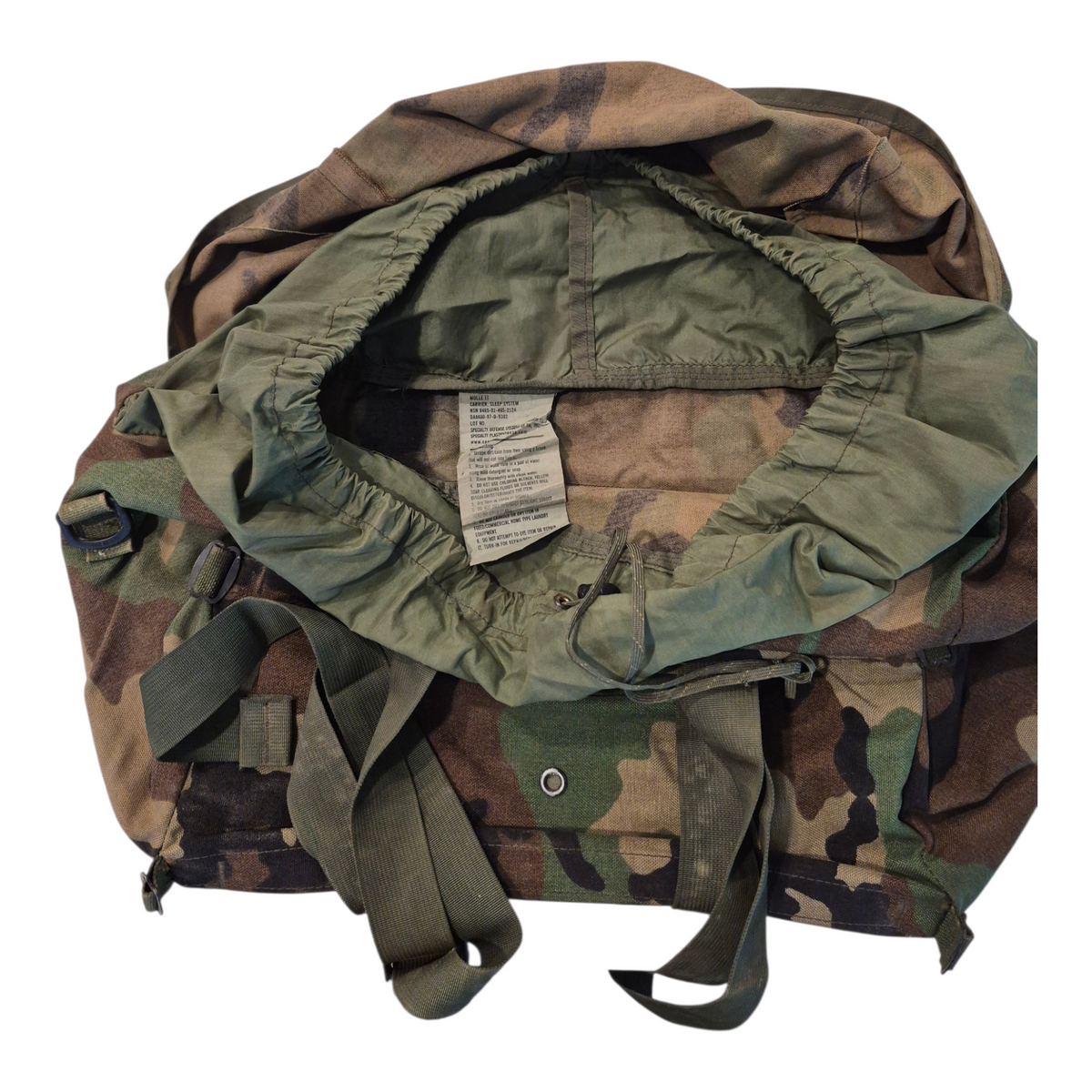 Fury28 woodland camo sleeping bag carrier with green lining and adjustable straps on Tampa Home & Garden Store