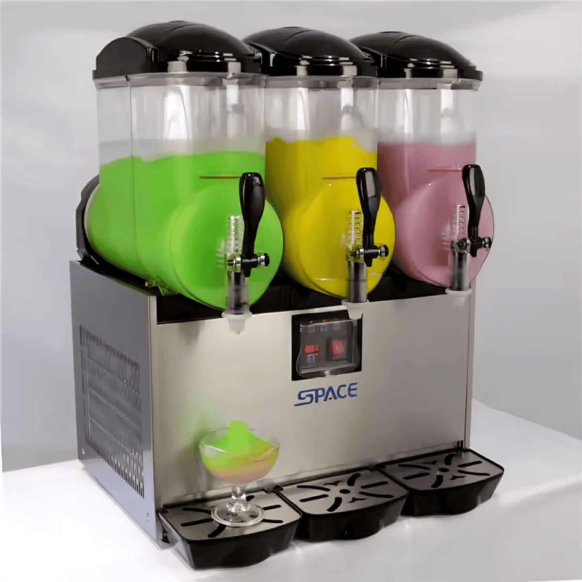 Slushy machine with three clear hoppers in green yellow pink colors DONJOHNSTYLE4URHOME frozen drink maker on Tampa Home & Garden Store