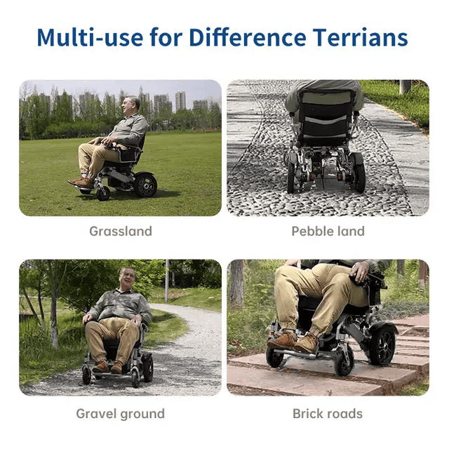 Folding electric wheelchair, black frame, DONJOHNSTYLE4URHOME, four-terrain display on Tampa Home & Garden Store