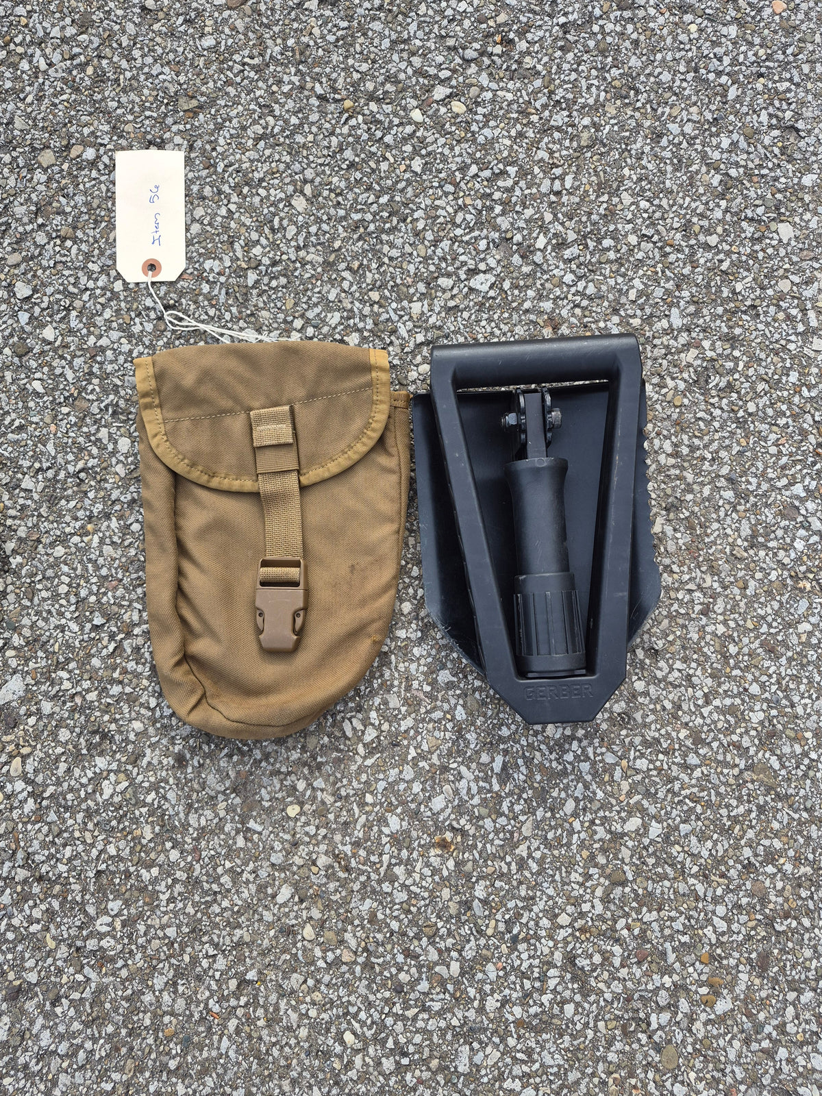 Gerber folding shovel entrenching tool with black head and handle, tan canvas pouch on Tampa Home & Garden Store