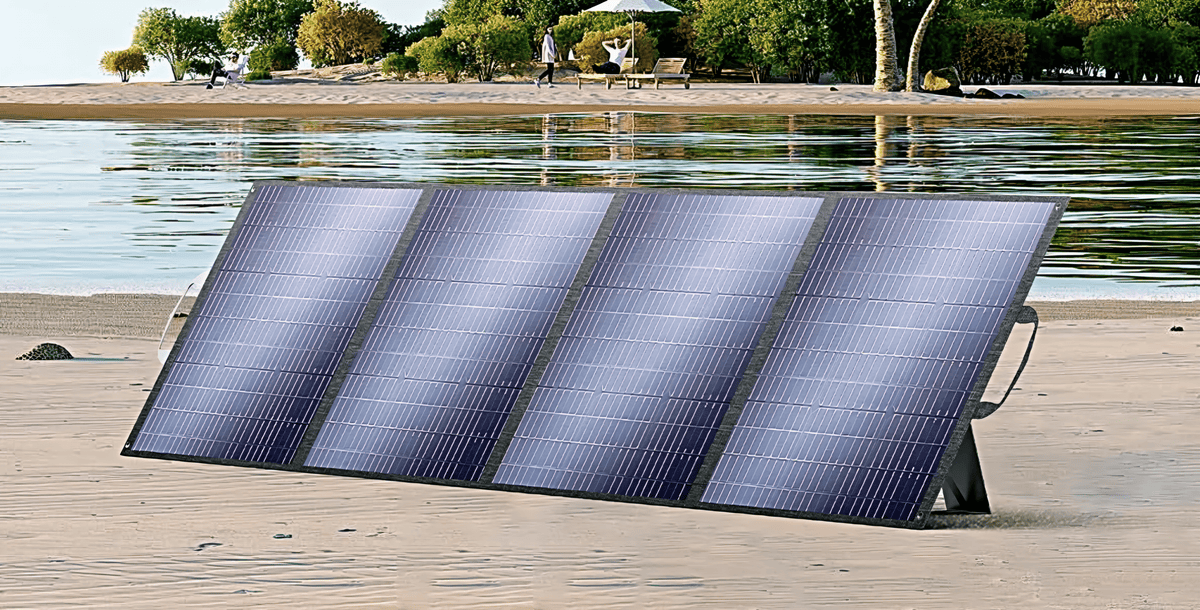 DONJOHNSTYLE4URHOME folding solar panels 200W/400W blue on sandy beach with calm water on Tampa Home & Garden Store