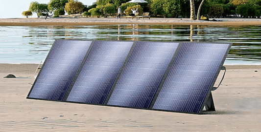 DONJOHNSTYLE4URHOME folding solar panels 200W/400W blue on sandy beach with calm water on Tampa Home & Garden Store