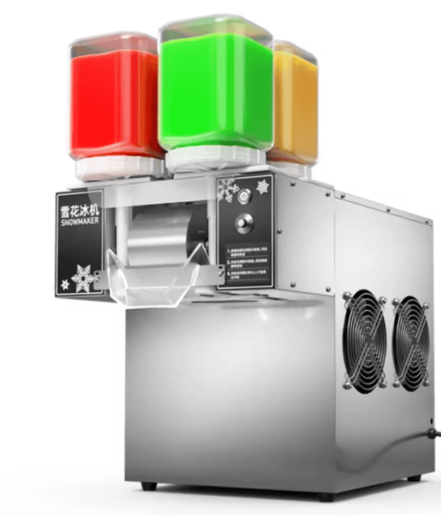 Korean shaved ice machine with 3 color hoppers red green yellow atop a steel ice maker on Tampa Home & Garden Store