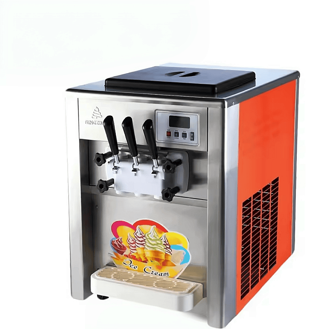 Ice Cream Machine 3 Head DONJOHNSTYLE4URHOME, stainless front, 3 levers, digital control, orange side panels on Tampa Home & Garden Store