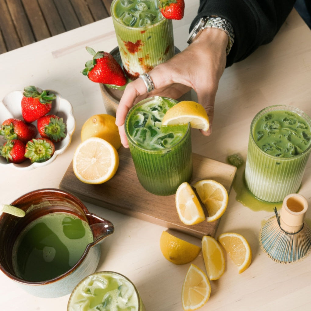 Samidori single cultivar premium matcha iced drinks with lemon and strawberries on Tampa Home & Garden Store