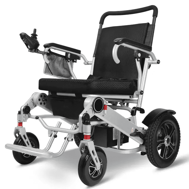 Folding electric wheelchair DONJOHNSTYLE4URHOME black seat silver frame joystick on Tampa Home & Garden Store