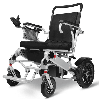 Folding electric wheelchair DONJOHNSTYLE4URHOME black seat silver frame joystick on Tampa Home & Garden Store