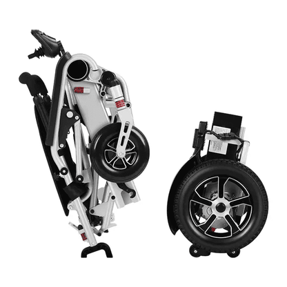 Folding Electric Wheelchair DONJOHNSTYLE4URHOME, silver frame with black wheels folded form on Tampa Home & Garden Store