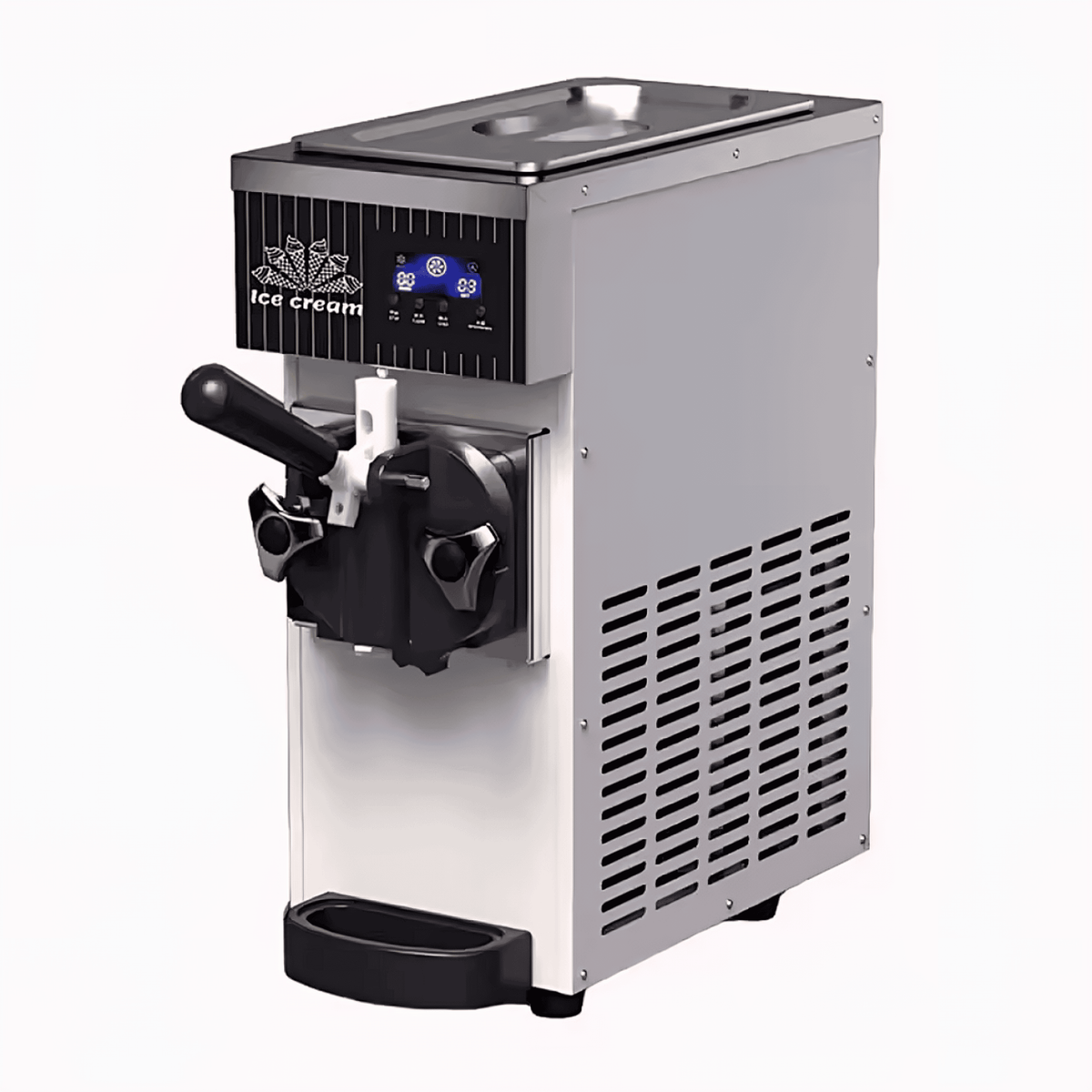Ice cream machine stainless steel body with black vented front panel and blue digital display on Tampa Home & Garden Store