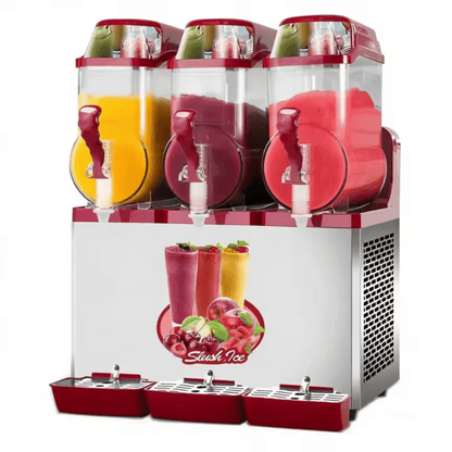 Slushy machine with 3 hopper containers in yellow, purple and red; 3 taps on stainless base on Tampa Home & Garden Store