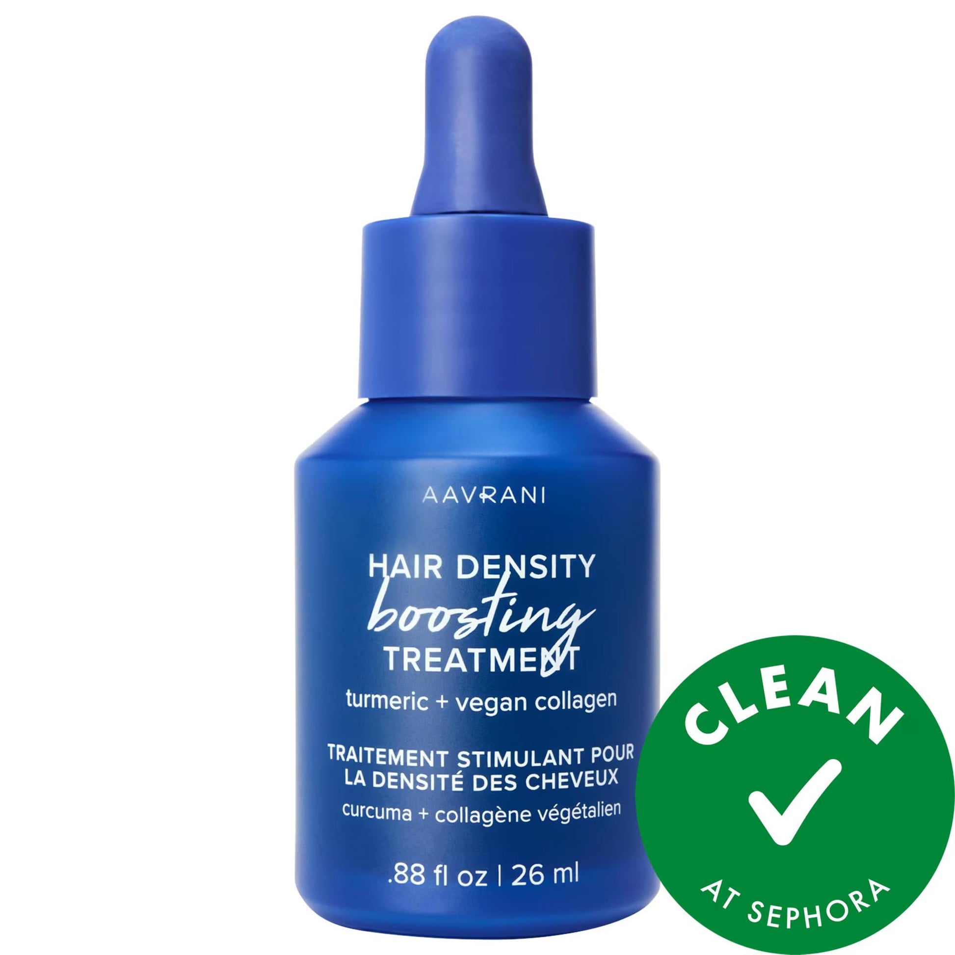Hair density boosting serum bottle by AAVRANI with blue dropper, turmeric + vegan collagen on Tampa Home & Garden Store