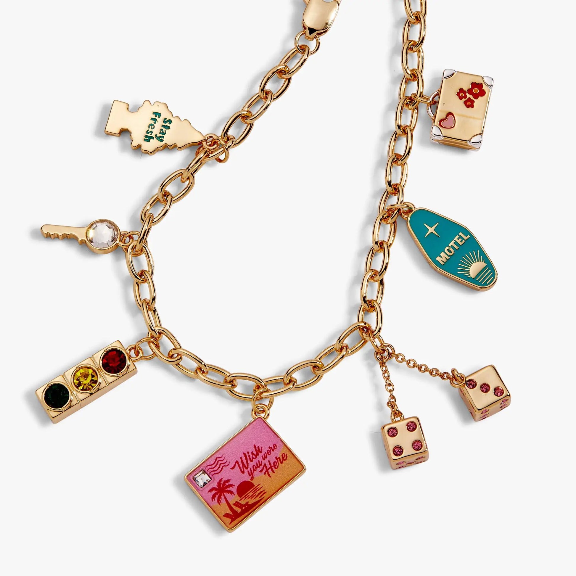Road Trip Multi-Charm Bracelet by ALEX AND ANI with gold-tone chain and motel tag on Tampa Home & Garden Store