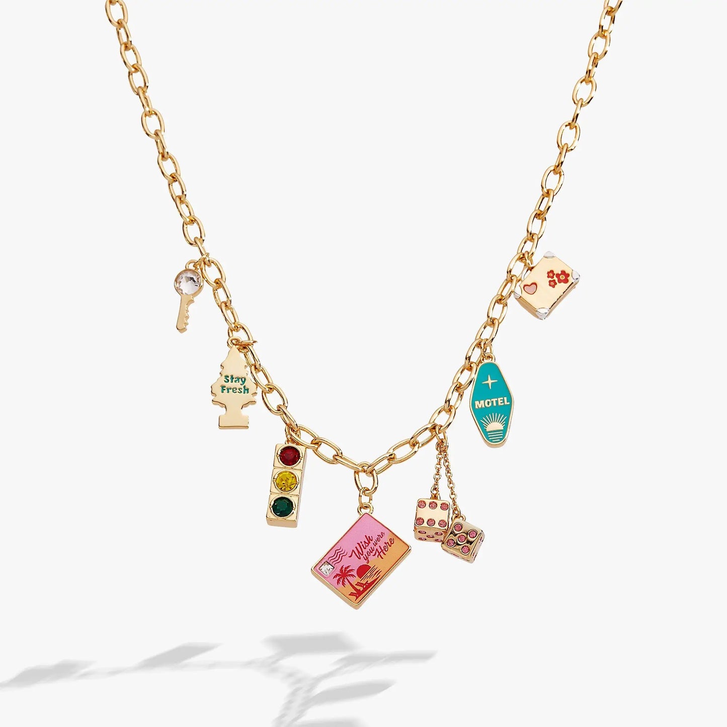 Road Trip Multi-Charm Necklace gold-tone chain with travel-themed enamel charms by ALEX AND ANI on Tampa Home & Garden Store