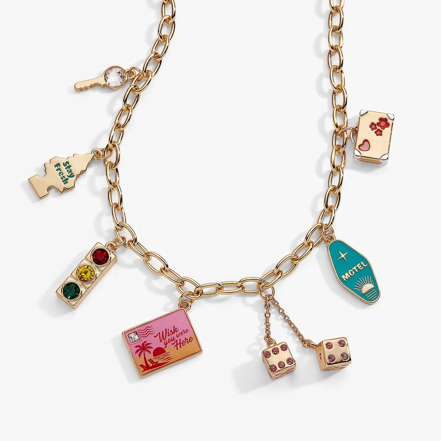 Road Trip Multi-Charm Necklace gold-tone chain with travel-themed charms by Alex and Ani on Tampa Home & Garden Store