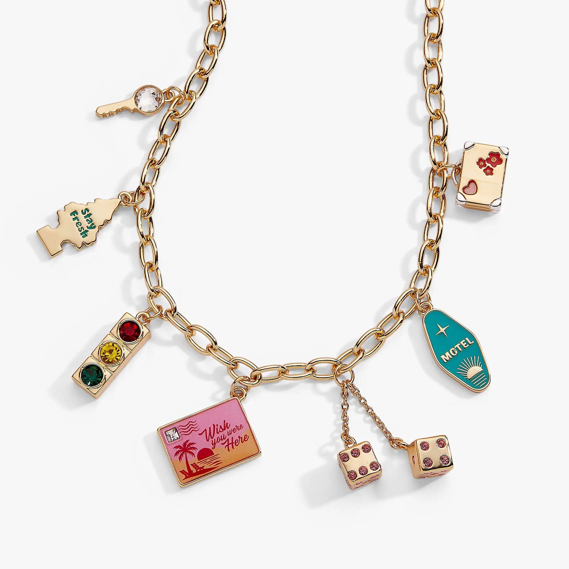 Road Trip Multi-Charm Necklace gold-tone chain with travel-themed charms by Alex and Ani on Tampa Home & Garden Store