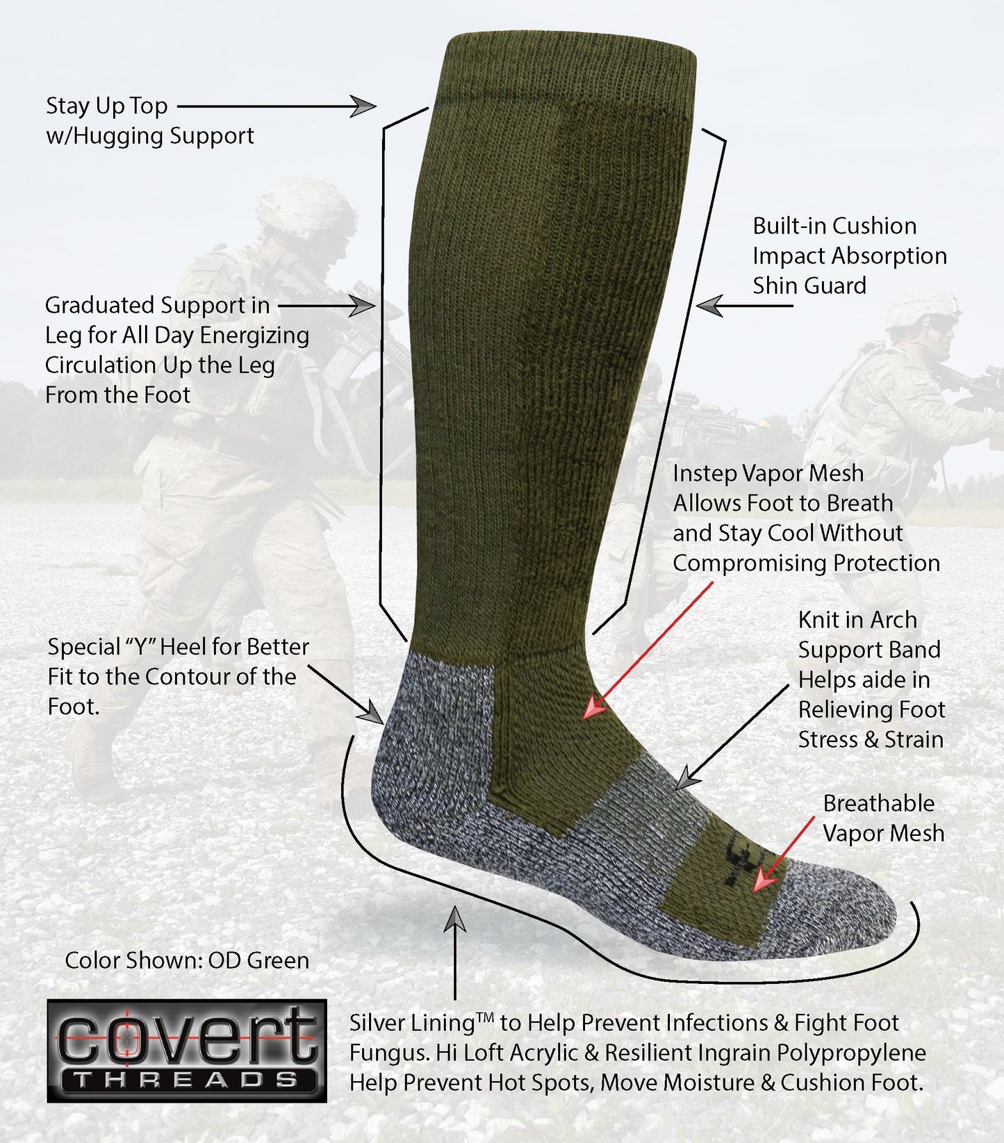 ROCK INFILTRATOR Sock knee-high by Covert Threads in OD Green with gray heel and toe on Tampa Home & Garden Store