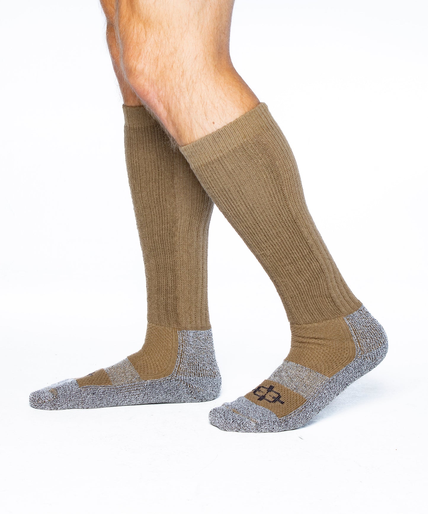 ROCK INFILTRATOR Sock, knee-high tactical sock in tan with gray reinforced toe/heel, two shown on Tampa Home & Garden Store