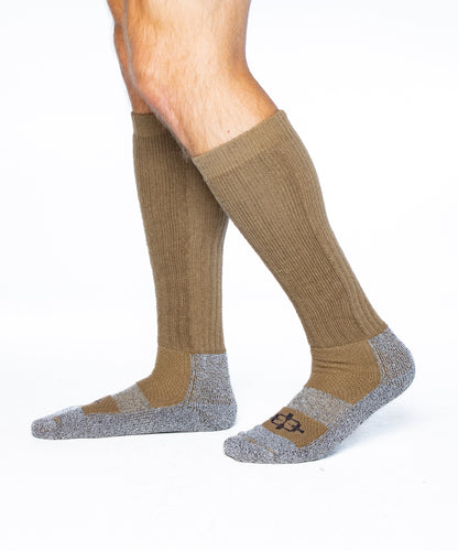 ROCK INFILTRATOR Sock, knee-high tactical sock in tan with gray reinforced toe/heel, two shown on Tampa Home & Garden Store
