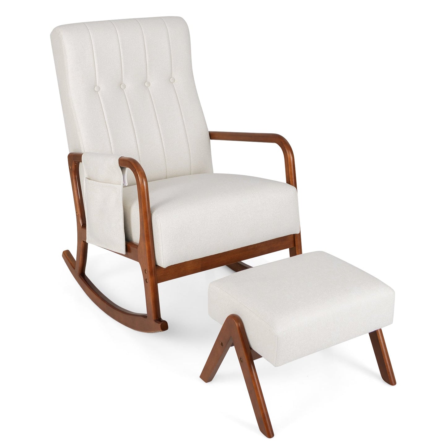 Rocking Chair with Ottoman Solid Rubber Wood Frame Padded Cushion-Gray