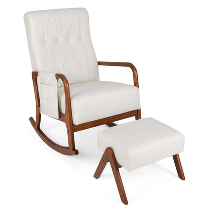 Rocking Chair with Ottoman Solid Rubber Wood Frame Padded Cushion-Gray