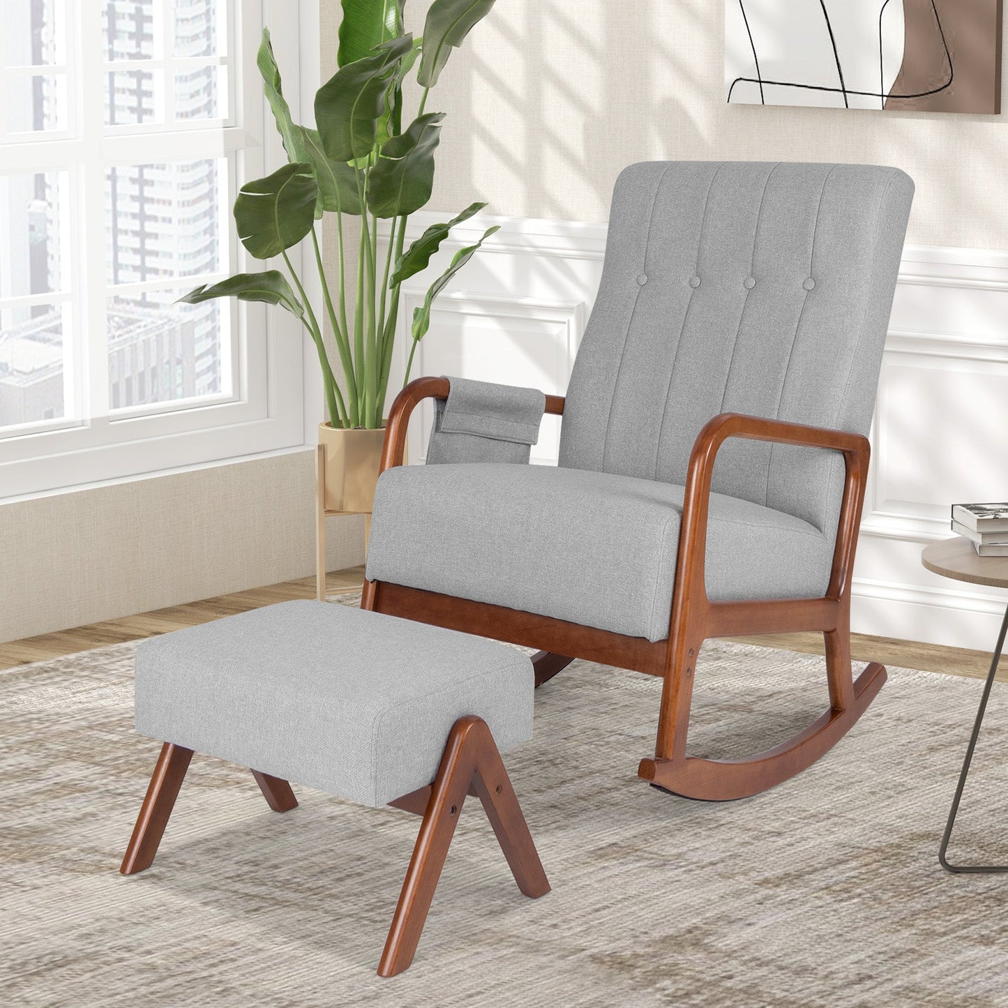 Rocking Chair with Ottoman Solid Rubber Wood Frame Padded Cushion-Gray