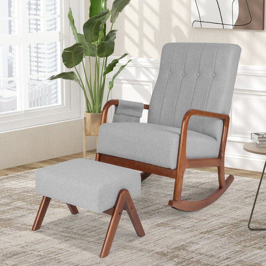 Rocking Chair with Ottoman Solid Rubber Wood Frame Padded Cushion-Gray - Tampa Home & Garden Store