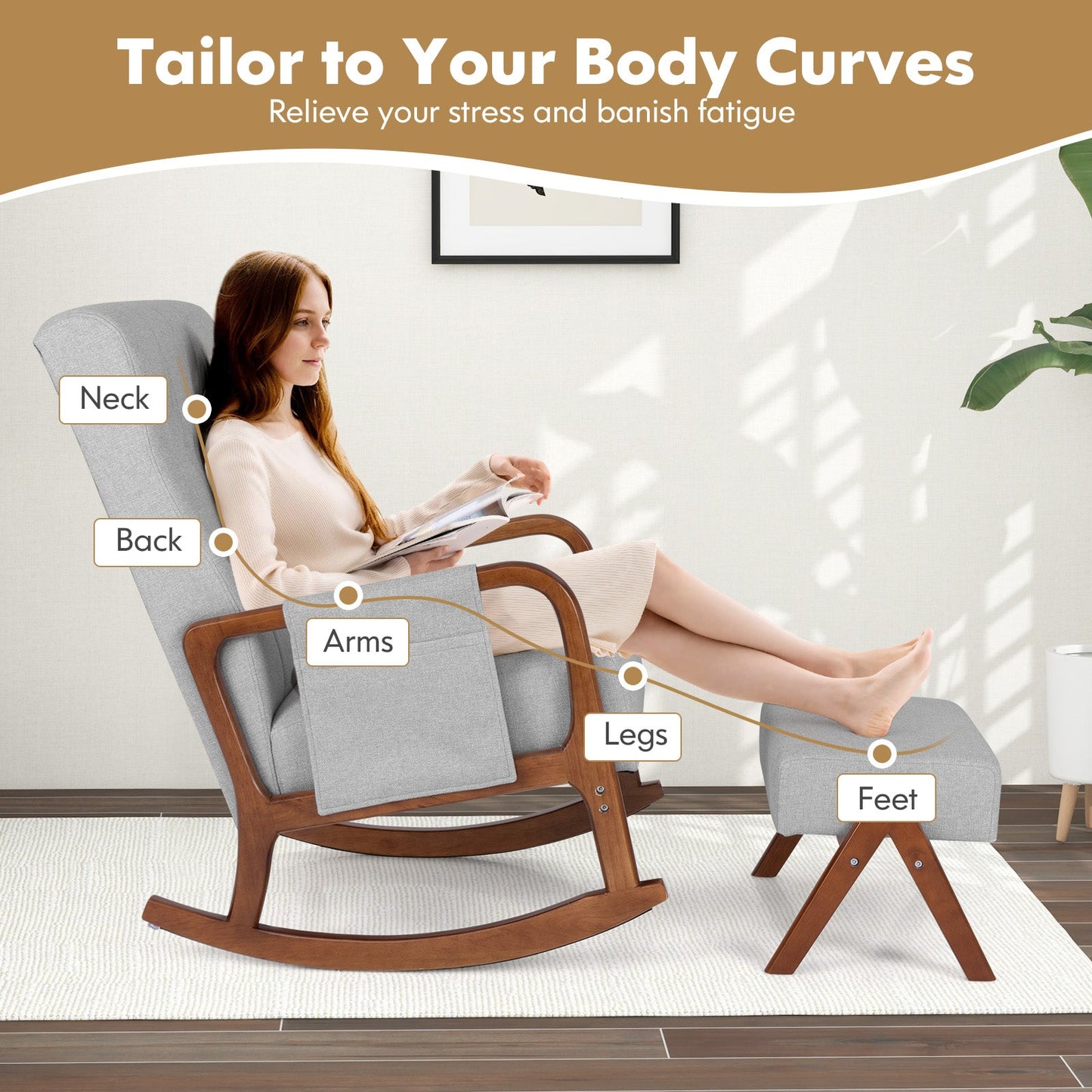 Rocking Chair with Ottoman Solid Rubber Wood Frame Padded Cushion-Gray