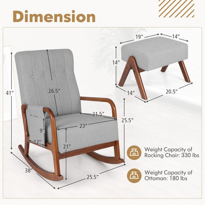 Rocking Chair with Ottoman Solid Rubber Wood Frame Padded Cushion-Gray
