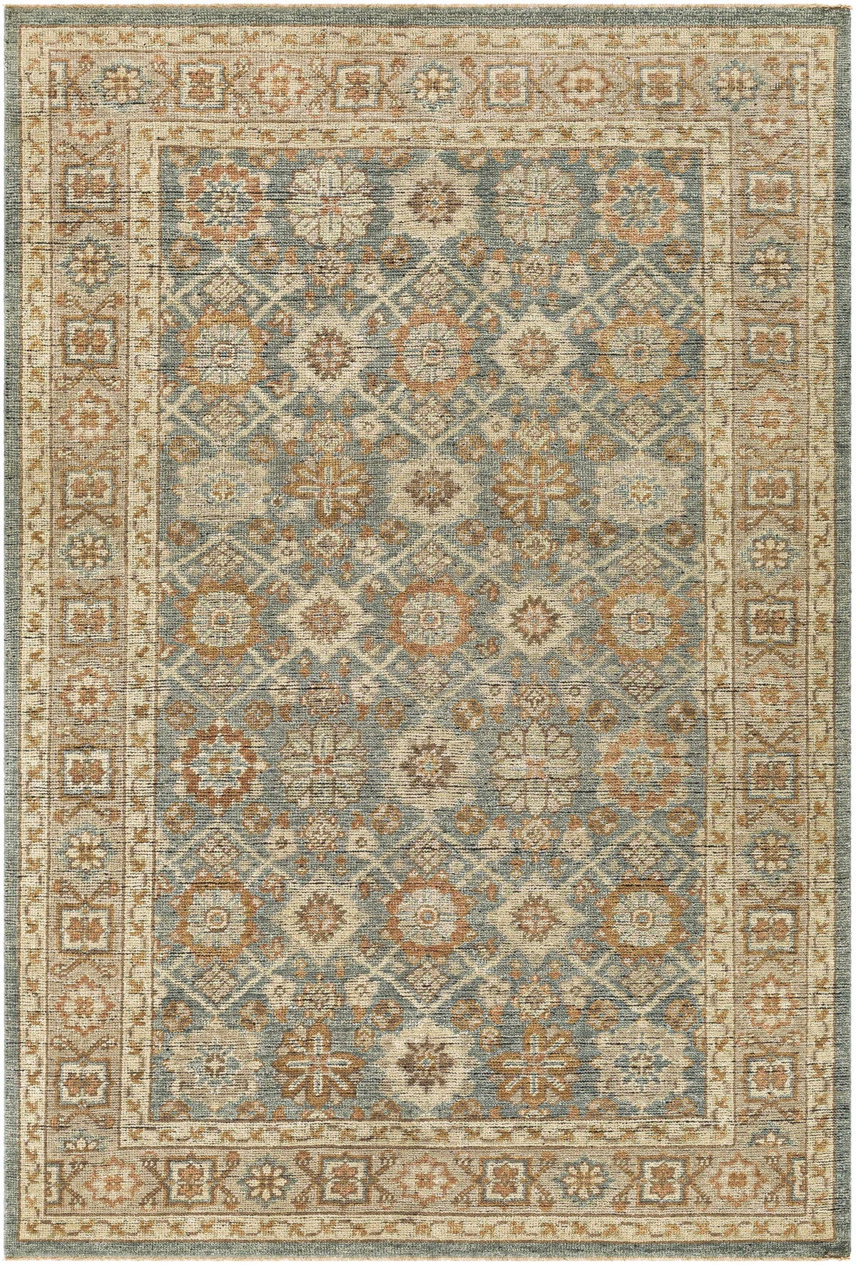 Rockton Area Rug in blue, beige with ornate floral medallion border Boutique Rugs on Tampa Home & Garden Store