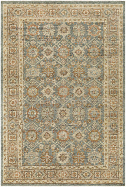Rockton Area Rug in blue, beige with ornate floral medallion border Boutique Rugs on Tampa Home & Garden Store