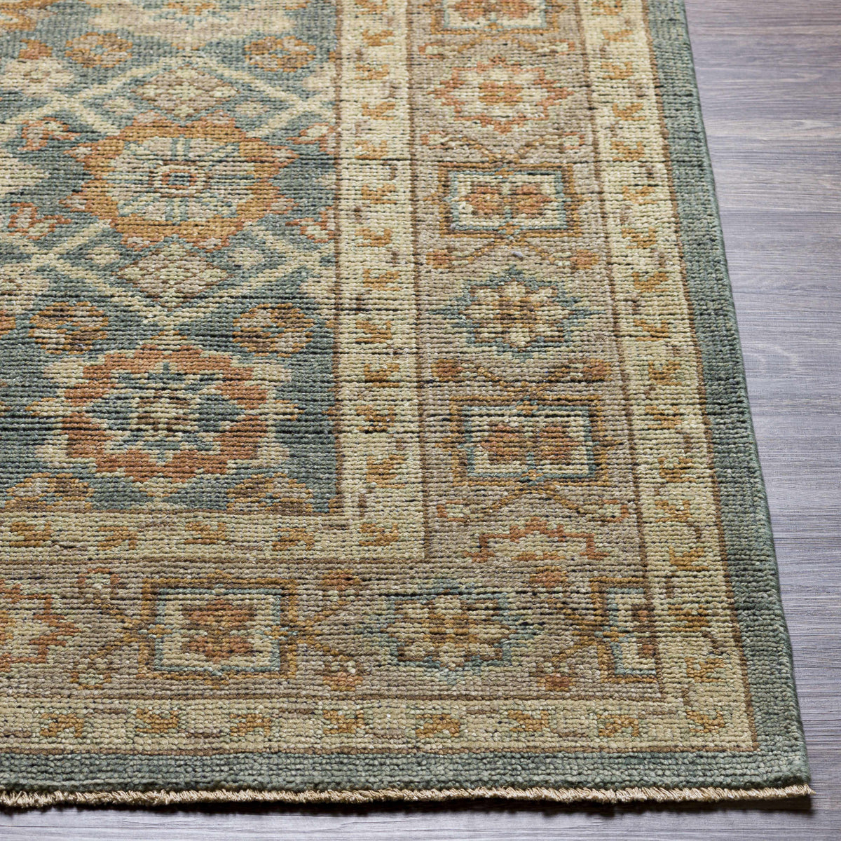 Rockton Area Rug - Clearance teal cream brown geometric pattern with fringe border on Tampa Home & Garden Store