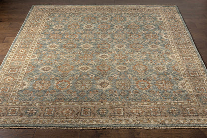 Rockton Area Rug Boutique Rugs - Clearance, blue gray field with tan motifs and fringe border on Tampa Home & Garden Store
