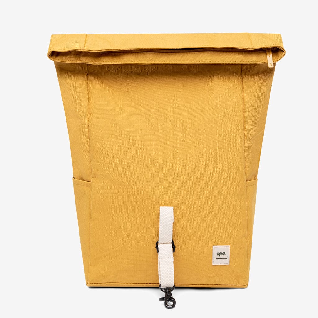 Lefrik Roll Mini Backpack mustard yellow with white strap and padded laptop compartment on Tampa Home & Garden Store