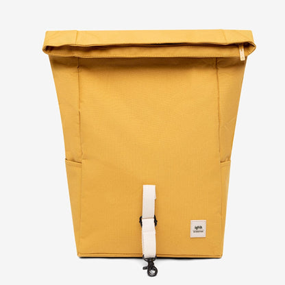 Lefrik Roll Mini Backpack mustard yellow with white strap and padded laptop compartment on Tampa Home & Garden Store