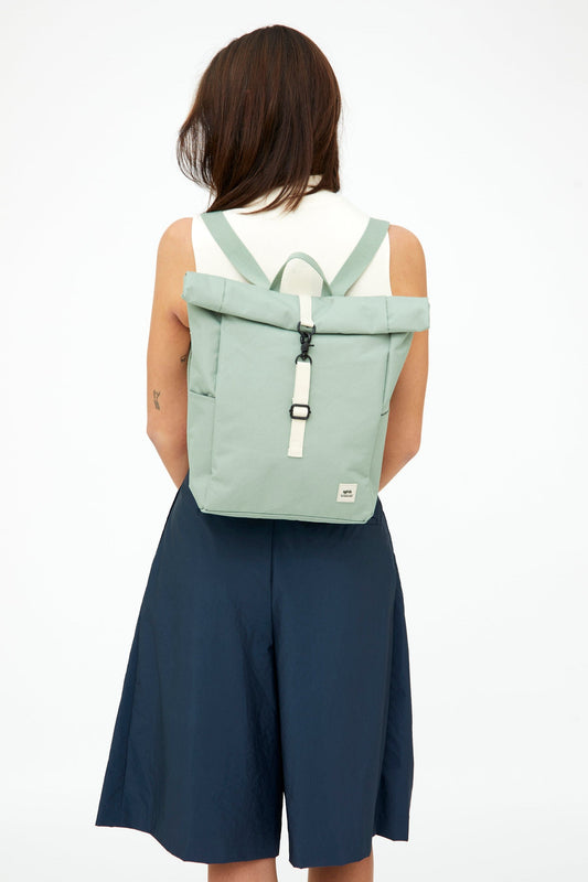 Backpack Roll Mini Sage by Lefrik USA, sage green rolled-top backpack with white strap closure on Tampa Home & Garden Store