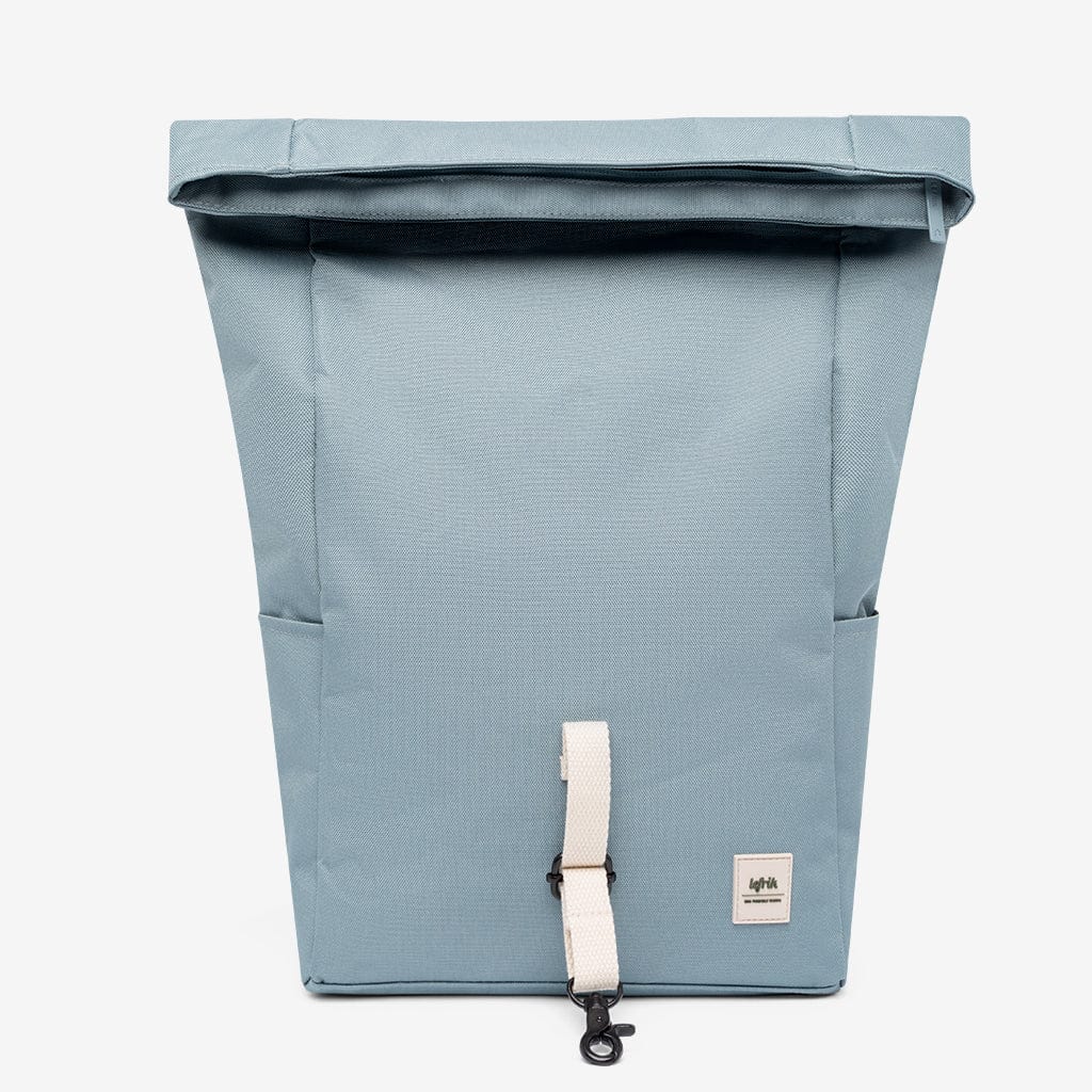 Roll Mini Backpack Stone Blue with Laptop Pocket by Lefrik USA, roll-top closure, white strap on Tampa Home & Garden Store