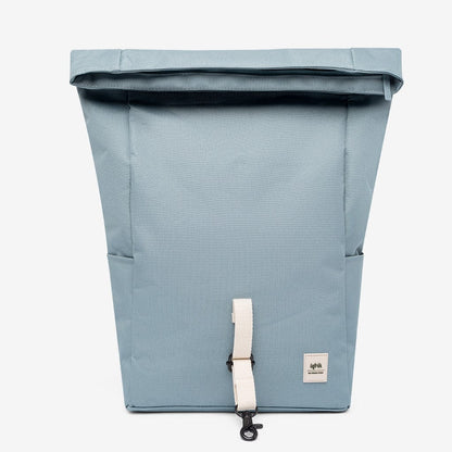 Roll Mini Backpack Stone Blue with Laptop Pocket by Lefrik USA, roll-top closure, white strap on Tampa Home & Garden Store