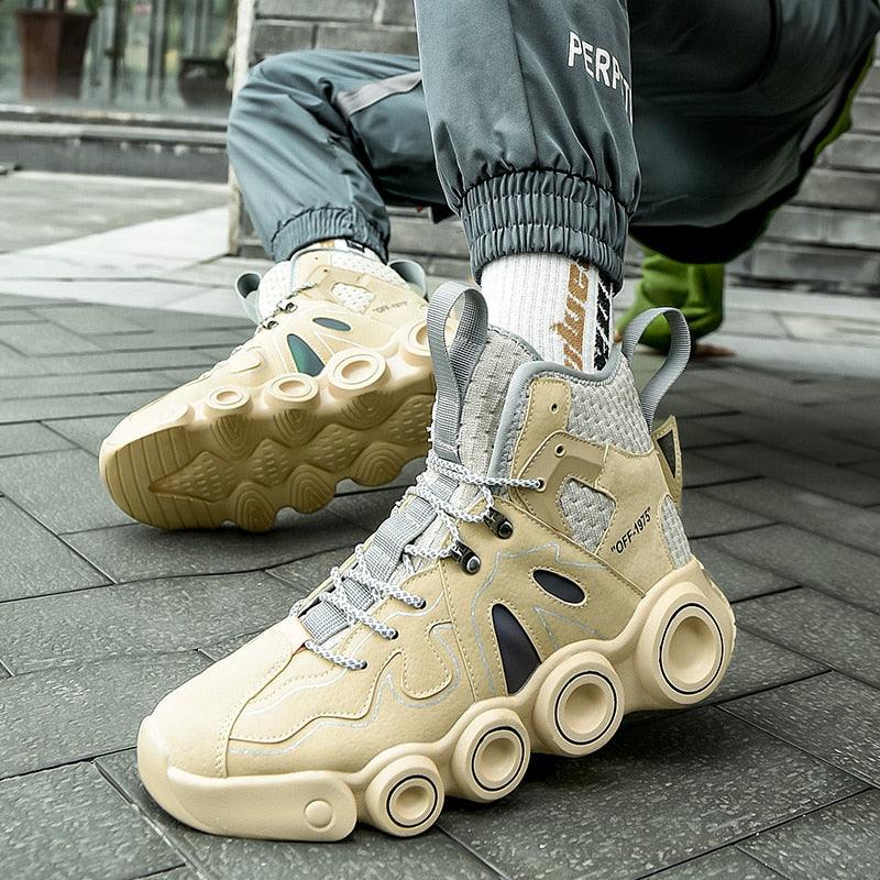 Stevvex men's beige high-top sneakers with thick circular sole pods on Tampa Home & Garden Store