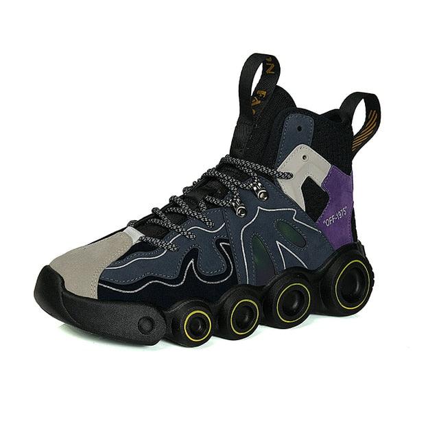 Roller skating sneakers by Stevvex with five-wheel sole in navy gray and purple accents on Tampa Home & Garden Store