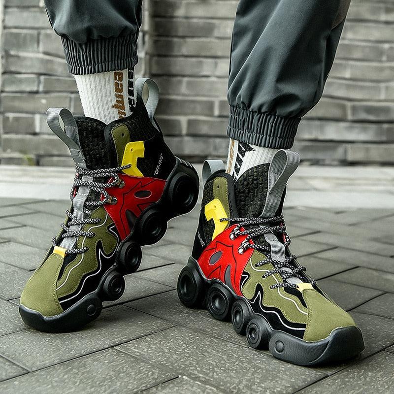 Stevvex men's sneakers pair with thick sole, colorblock olive green red black high tops on Tampa Home & Garden Store