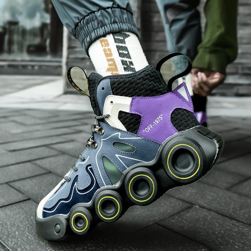Stevvex men's high-top roller skating sneakers with blue and purple panels and ringed sole on Tampa Home & Garden Store