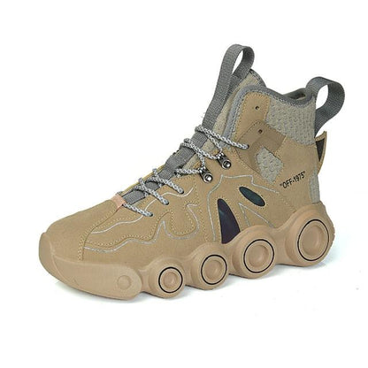 Stevvex beige high-top sneaker with thick sole and circular pod outsoles, gray laces on Tampa Home & Garden Store