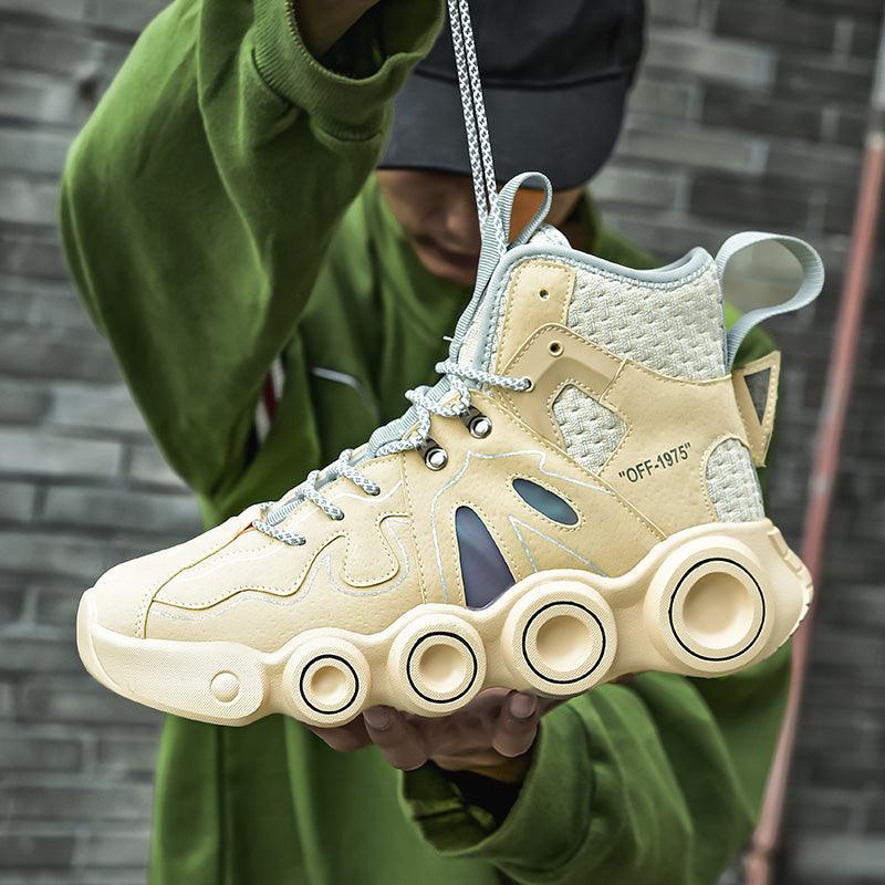 Stevvex beige high-top thick-soled mens sneaker with circular pod sole and gray laces on Tampa Home & Garden Store