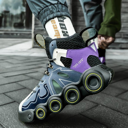 Stevvex men's roller skating sneakers with blue purple panels and thick multi-wheel sole on Tampa Home & Garden Store