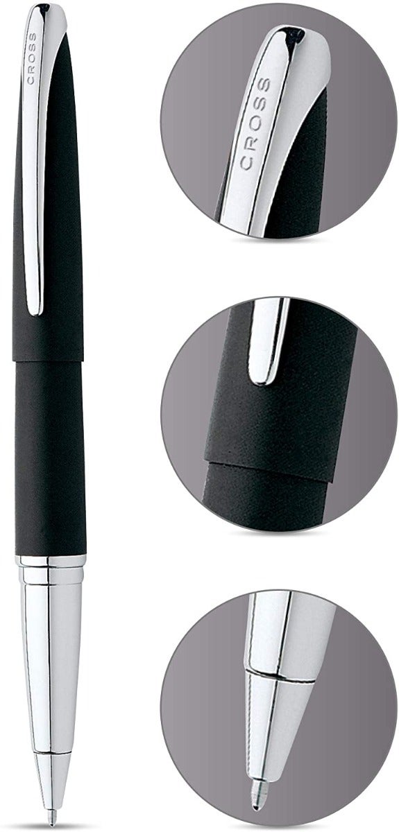 ATX Basalt Black Rollerball Pen by A.T. Cross, black grip, chrome clip on Tampa Home & Garden Store