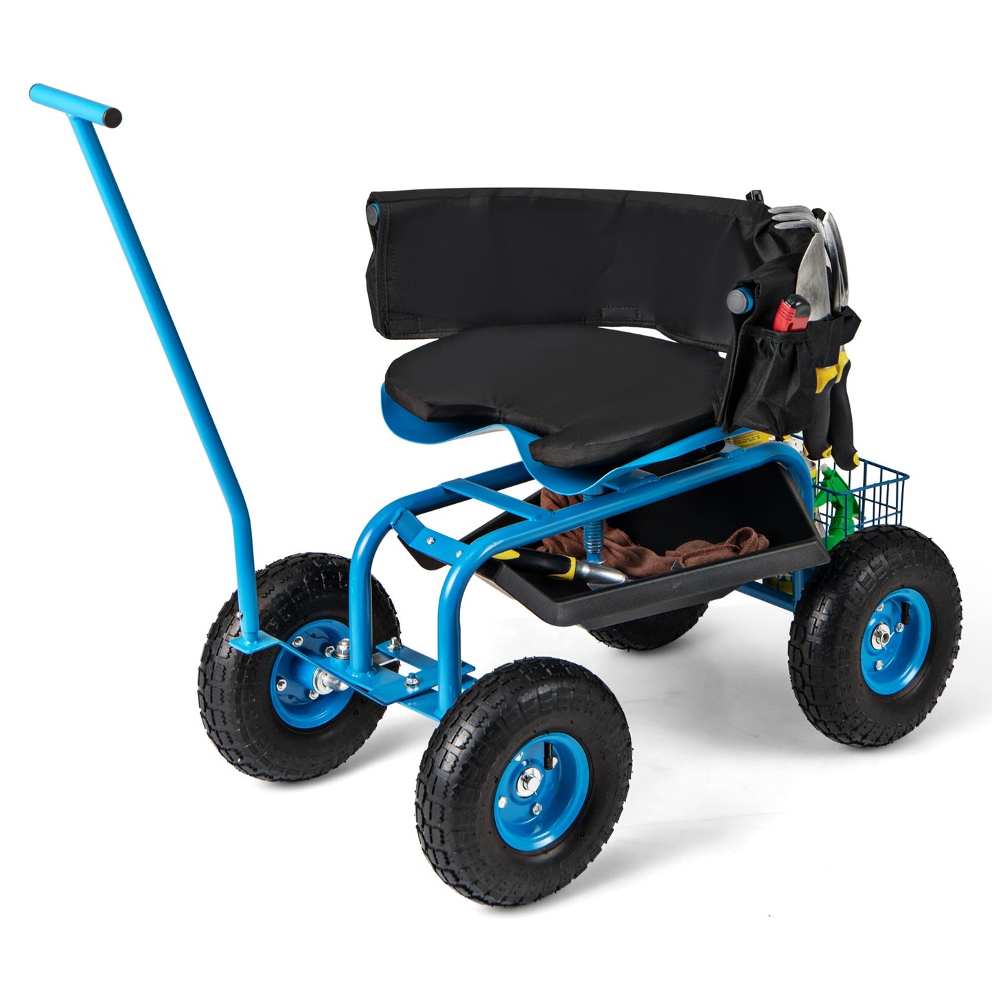 Carro de jardín rodante con asiento giratorio de altura ajustable y cesta de almacenamiento-Azul