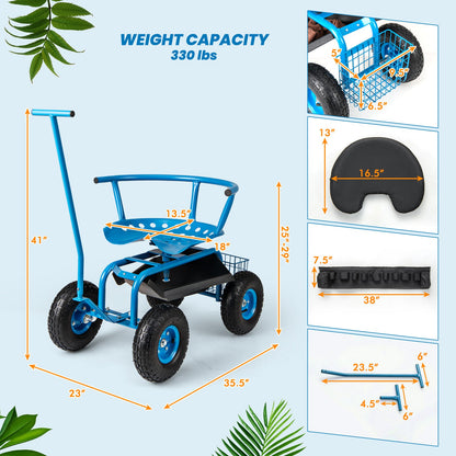 Carro de jardín rodante con asiento giratorio de altura ajustable y cesta de almacenamiento-Azul