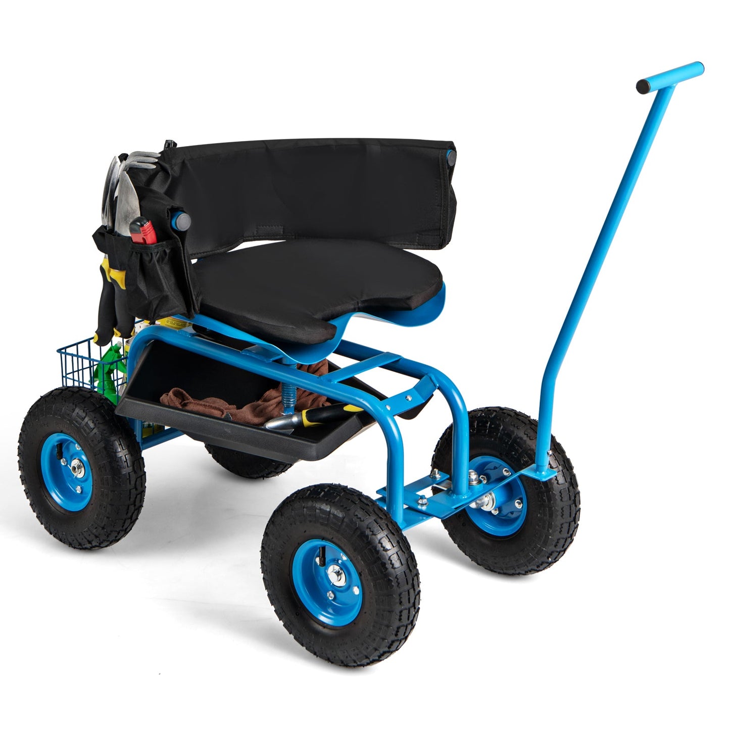 Carro de jardín rodante con asiento giratorio de altura ajustable y cesta de almacenamiento-Azul