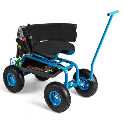 Carro de jardín rodante con asiento giratorio de altura ajustable y cesta de almacenamiento-Azul