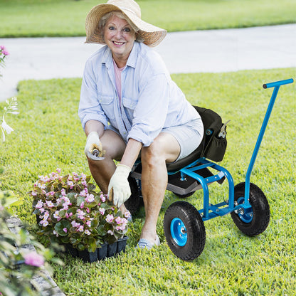 Carro de jardín rodante con asiento giratorio de altura ajustable y cesta de almacenamiento-Azul
